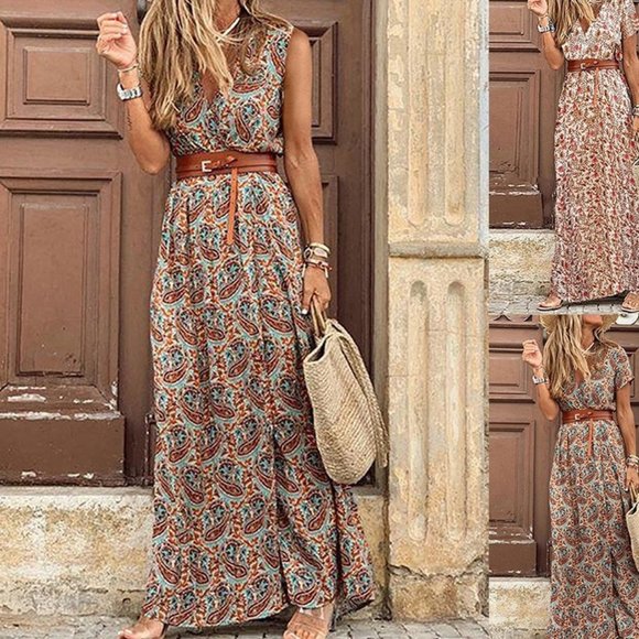 ( SALE ) BOHO SLEEVELESS  MAXI DRESS WITH BELT - Picture 4 of 4